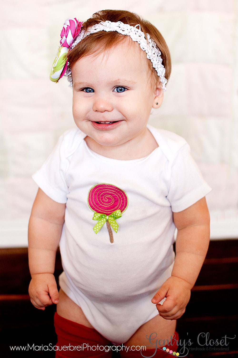 Baby Girl Onesie/Bodysuit or Shirt - Embroidered Lollipop with bow. Infant Toddler. Candyland birthday or Christmas. Personalize with name.