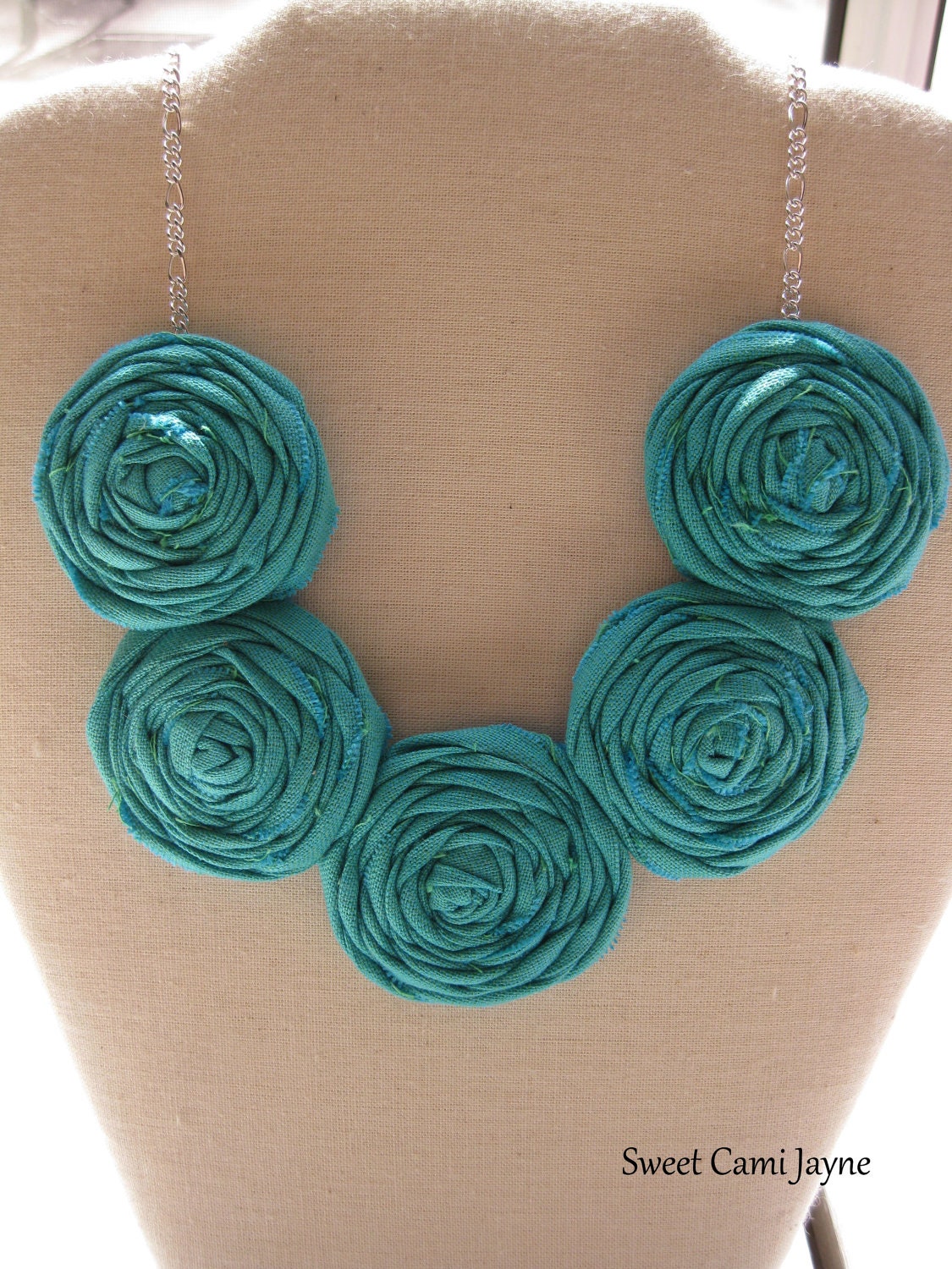 Fabric Necklace Bib Necklace Rosette Necklace Aqua Rosettes