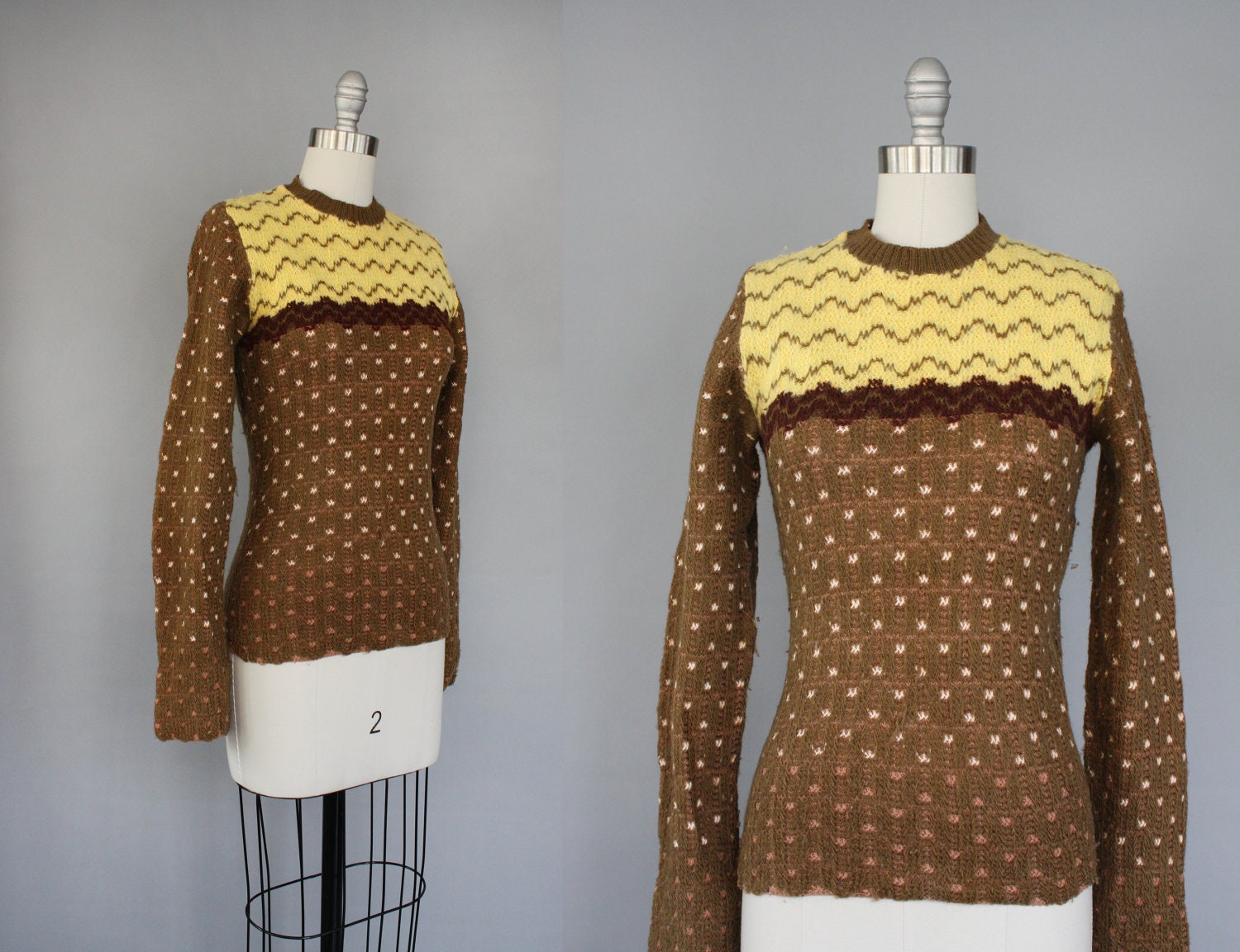 70s nordic style knit sweater / Shades of Ochre / size extra small