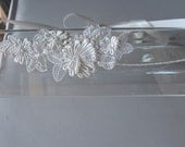 Ivory Lace Beaded Flower Pearl Halo Headband with Ivory Satin Ribbon Ties, for Bridal, weddings, parties, special occasions