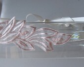 Pale Pink Lace Leaves Pearl Halo Headband with Ivory Satin Ribbon Ties, for Bridal, weddings, parties, special occasions