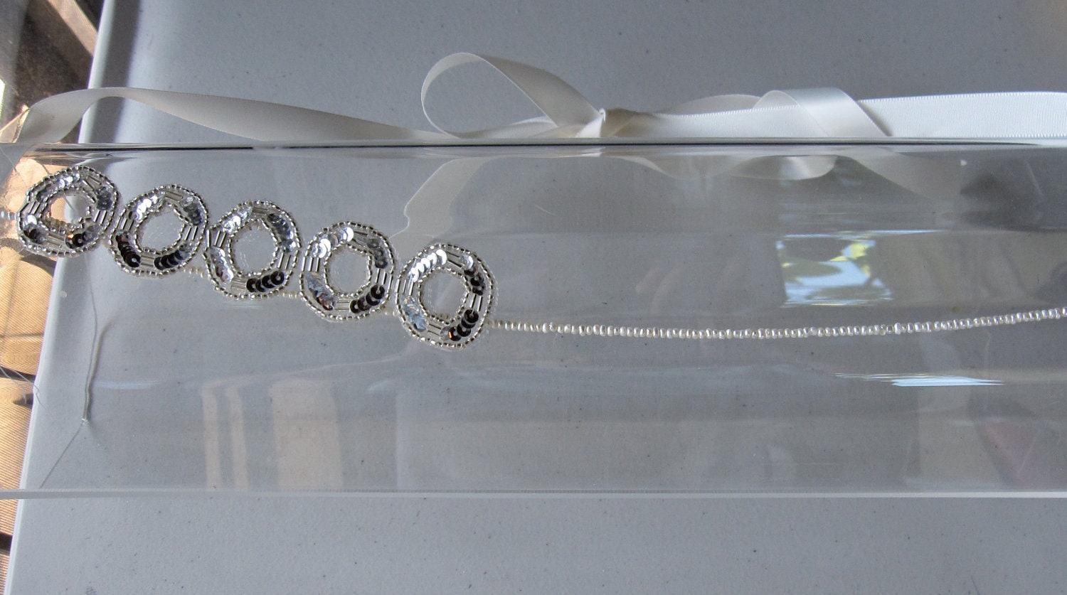 Silver Sequin Applique Pearl Halo Headband with Ivory Satin Ribbon Tie, for Bridal, weddings, parties, special occasions