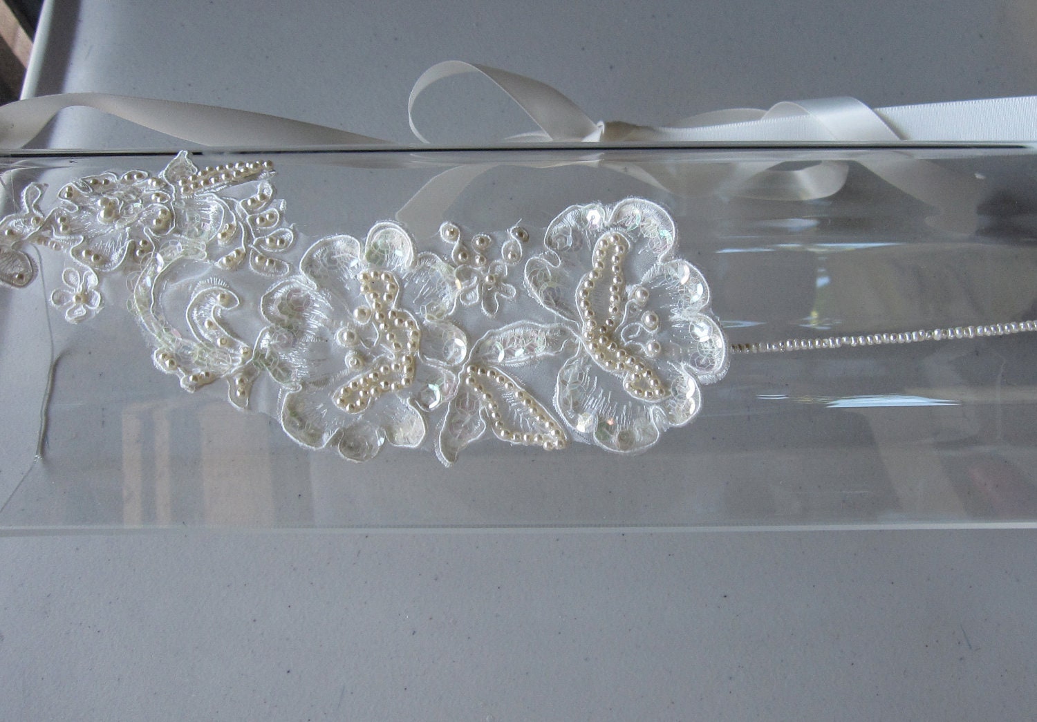 Ivory Lace Beaded Flower Pearl Halo Headband with Ivory Satin Ribbon Tie, for Bridal, weddings, parties, special occasions