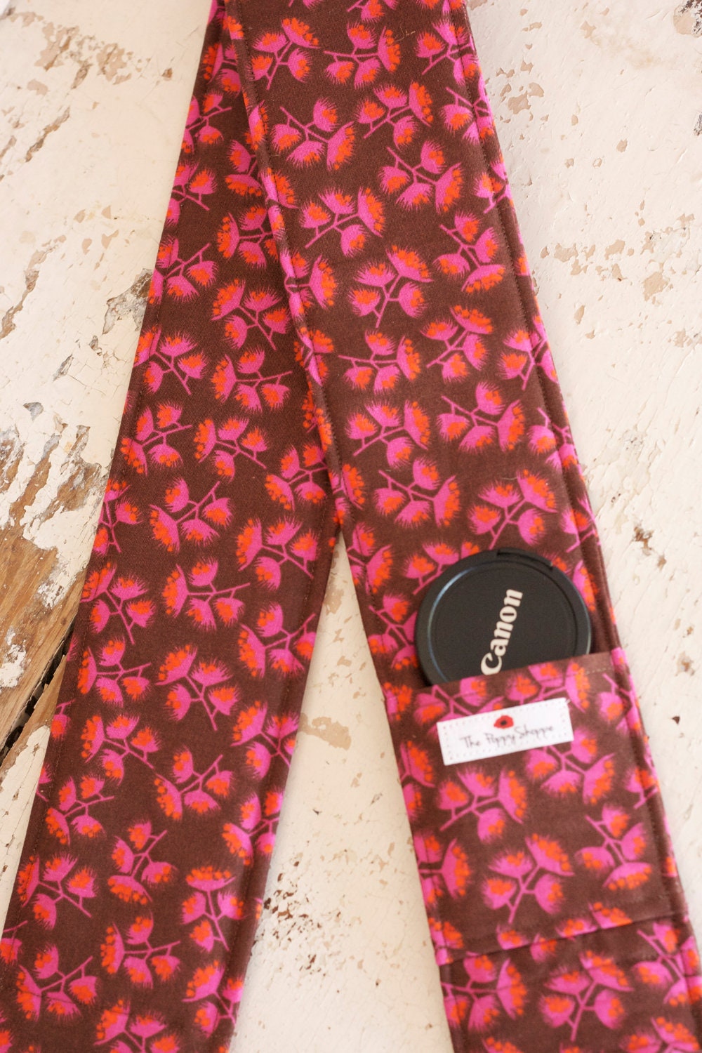 SALE ITEM--DSLR Camera Strap Cover- lens cap pocket and padding included- Brown and Pink