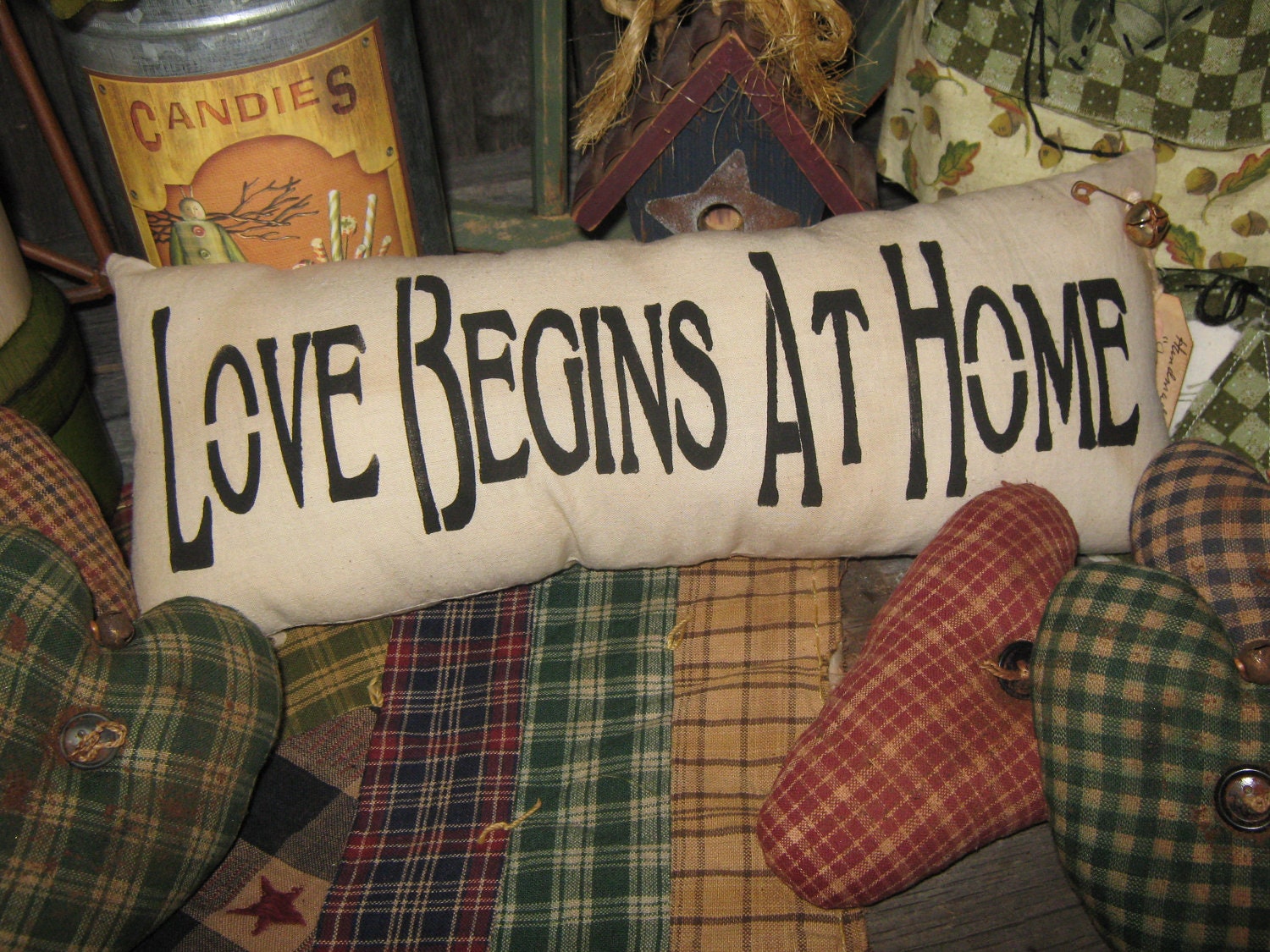 Primitive Pillow Large " LOVE BEGINS at HOME  "  Ornie Tuck Bowl Filler Folkart Country Housewares