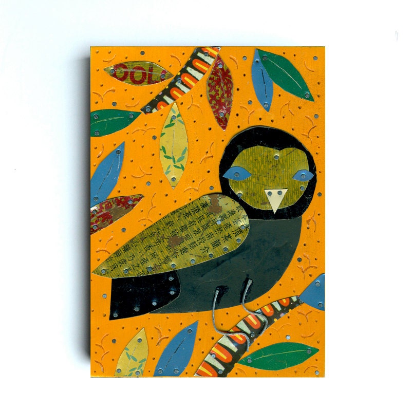 vintage tin asian owl ORIGINAL ART  by Elizabeth Rosen