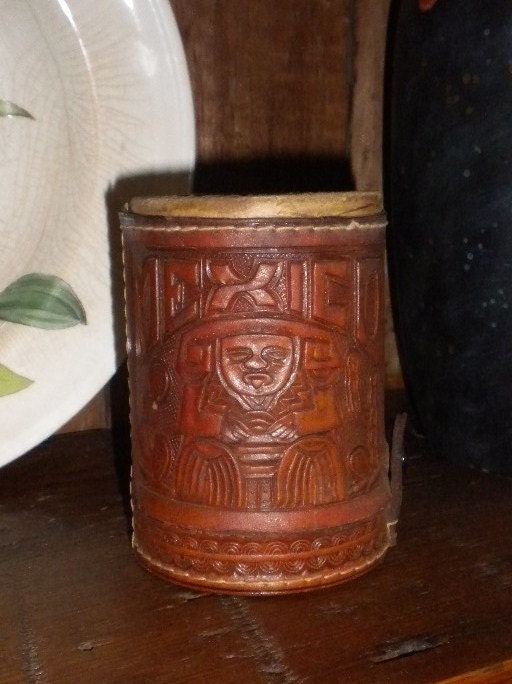 Dice Leather cups Cup Mexico Tooled Vintage Dice by TheTreasuredBarn dice vintage 5