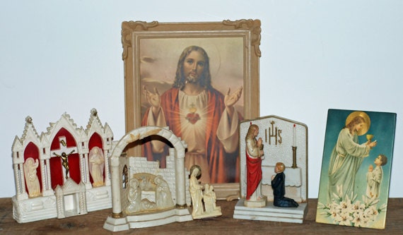 Collection of Vintage 50's Plastic Religious Statuettes and Pictures .... Mixed Media & Altered Art Supply