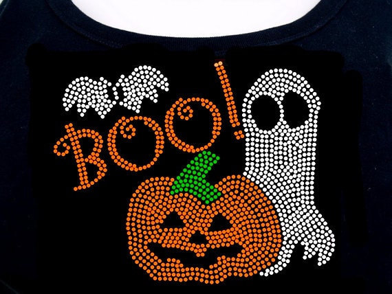 Boo Halloween RHINESTONE T-Shirt or tank top S M L XL XXL - Bat Pumpkin Ghost