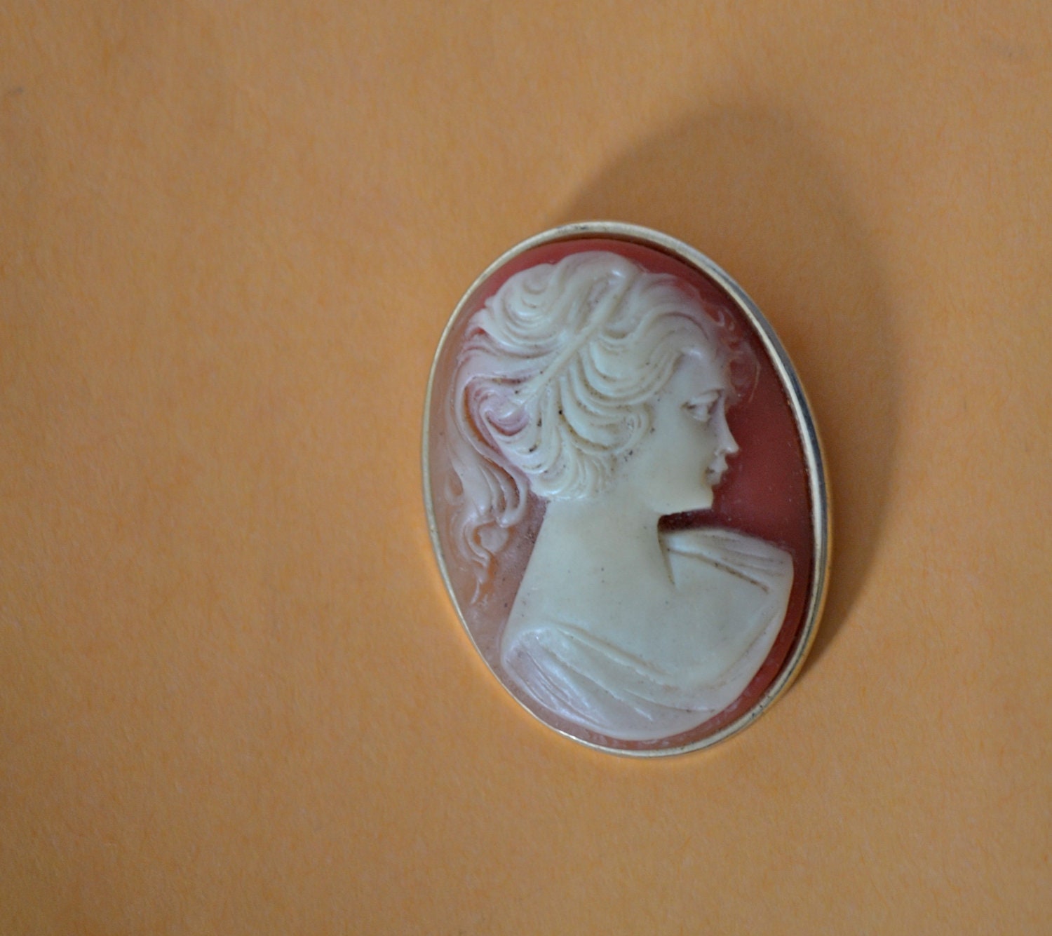 Large Cameo Brooch, Pink & White Porcelain, Antique Gold Tone, Victorian Desing