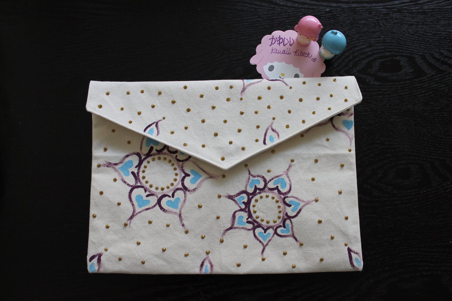 Oversize Hand-painted Canvas Clutch- Floral & Heart Design with Gold Dot Detailing