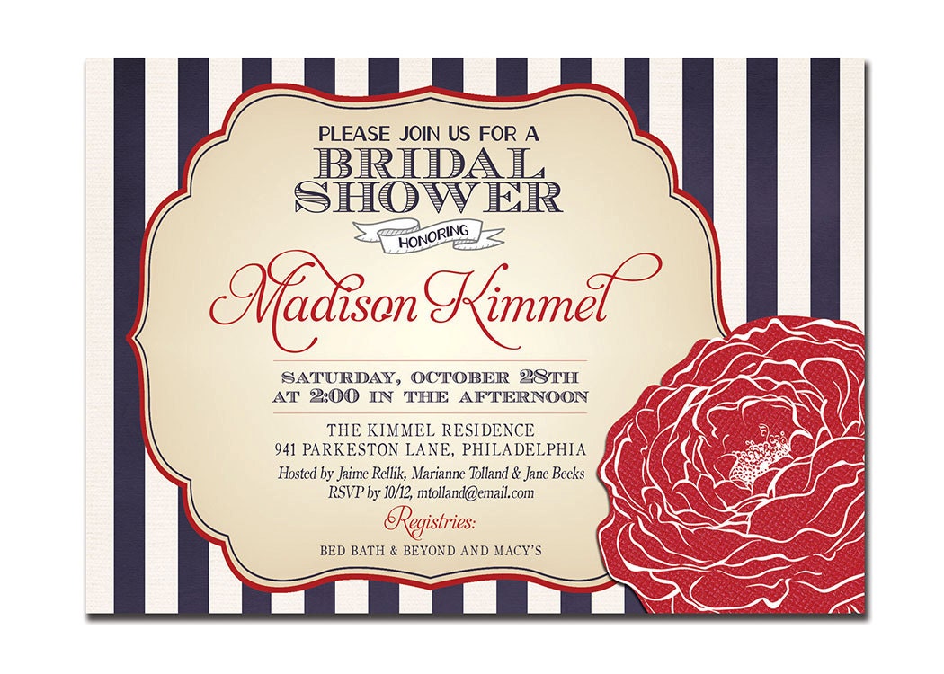 Modern Baby Shower Invitation Navy & Red Flower Bridal Shower Nautical Wedding Invitation DIY Digital or Printed - Madison Style