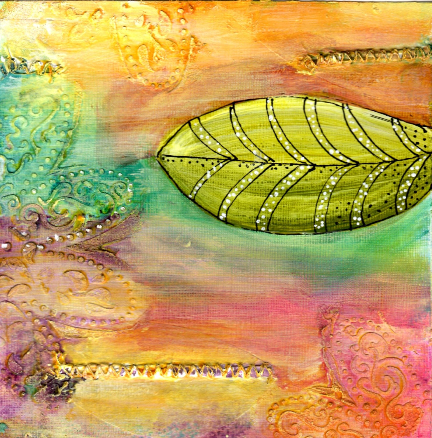 Acrylic mix media Original Art Print 5"X7" Turquoise yellow gold purple Green