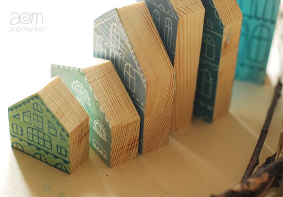 Hand painted wooden village, miniature village, hand painted house, wood block toy house, little wooden house, decorative miniature house