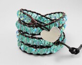 Birthstone Leather wrap bracelet - birthstone jewelry - bohemian leather bracelet - aqua blue beaded leather wrap