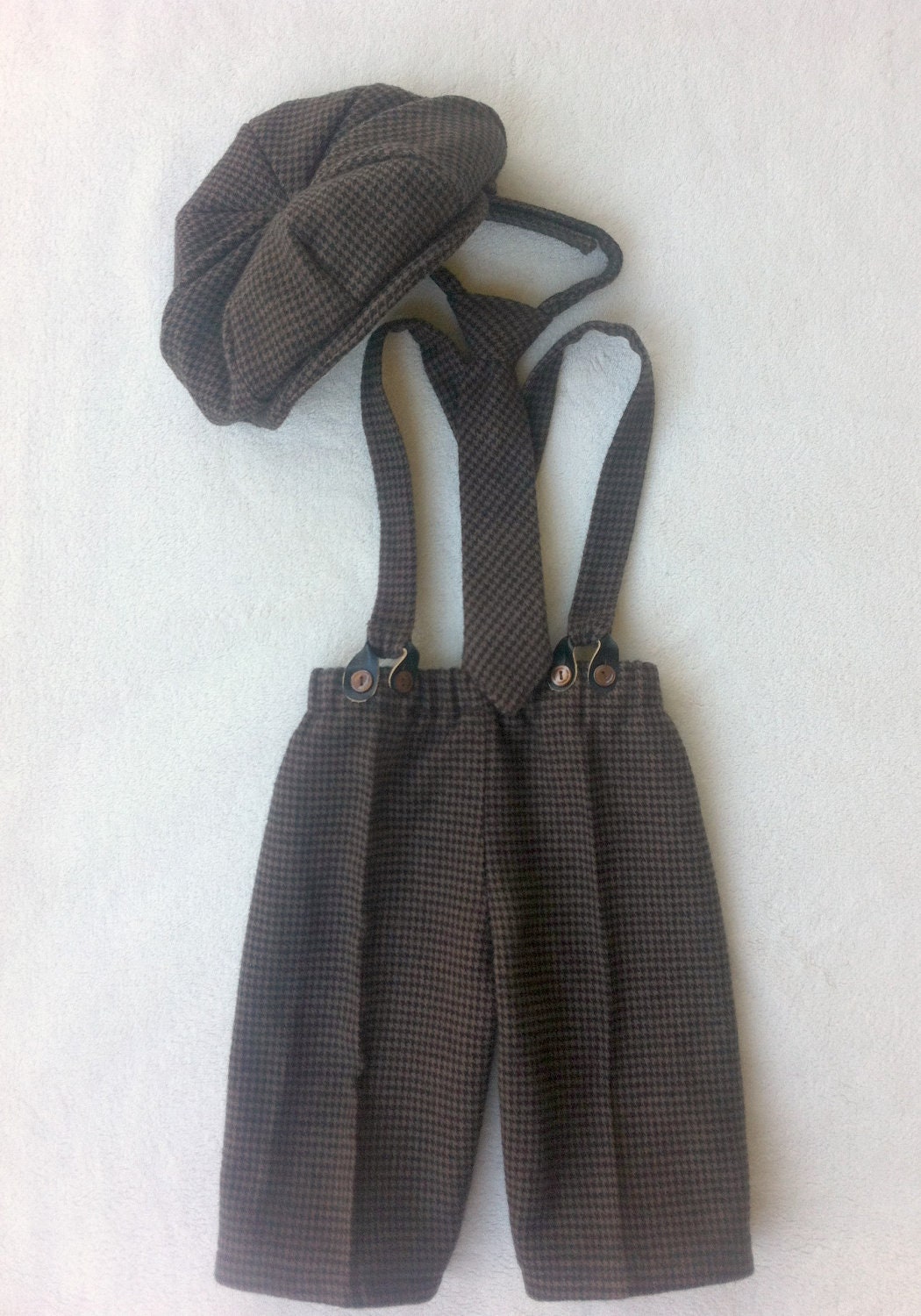 Benjamin Newsboy Set in Brown and Black Houndstooth.  Long Pants, Suspenders, Long tie, and Newsboy Hat. Great Photo Prop for all ages.