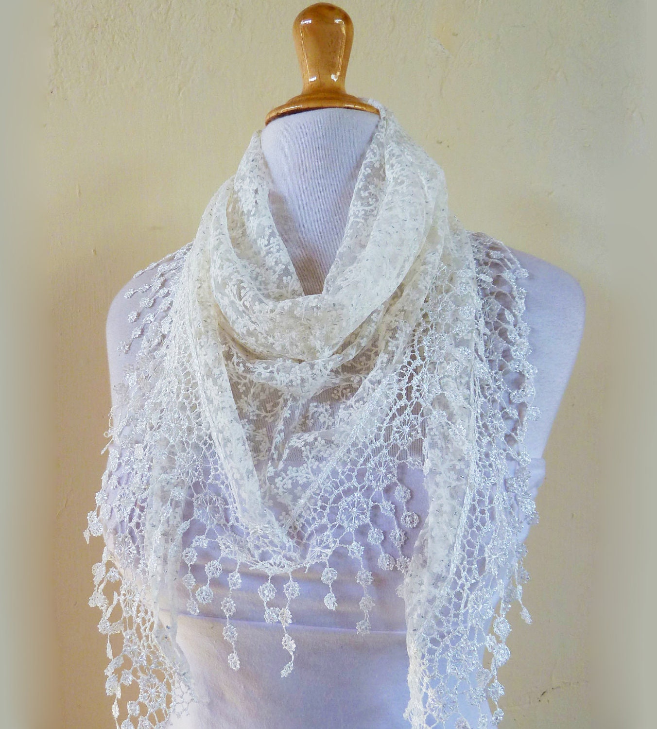 Womens scarf "Lilith" in WHITE with floral pattern and rich lace edge - scarflette shawl neckwarmer - Spring / Summer