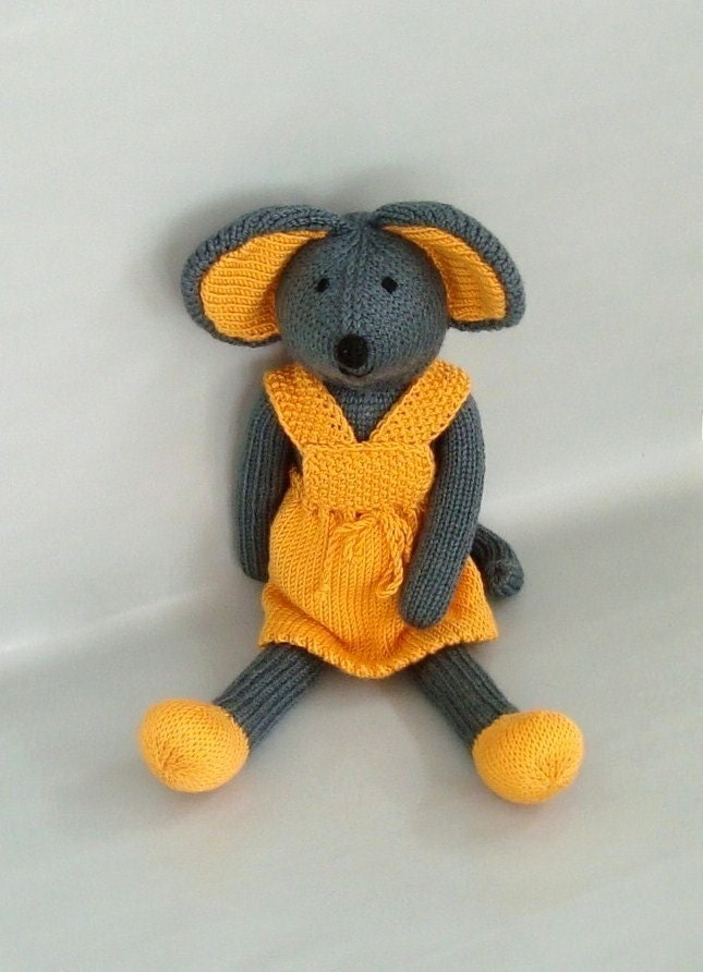 Big Ear Mouse Doll-Knit Stuffed Animal-Girl Mouse Soft Toy-Cute Knitted Mouse-Hand Knit Plush-Girls Toy-Cuddle Buddy-Gray and Orange