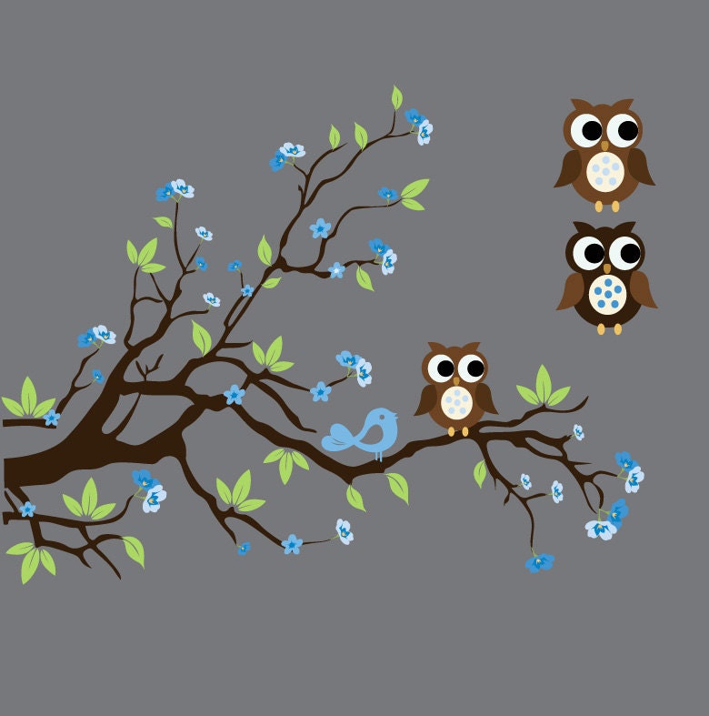 Baby Boys Wall Decals Nursery Branch Tree Decal with Flowers, Birds and Owl