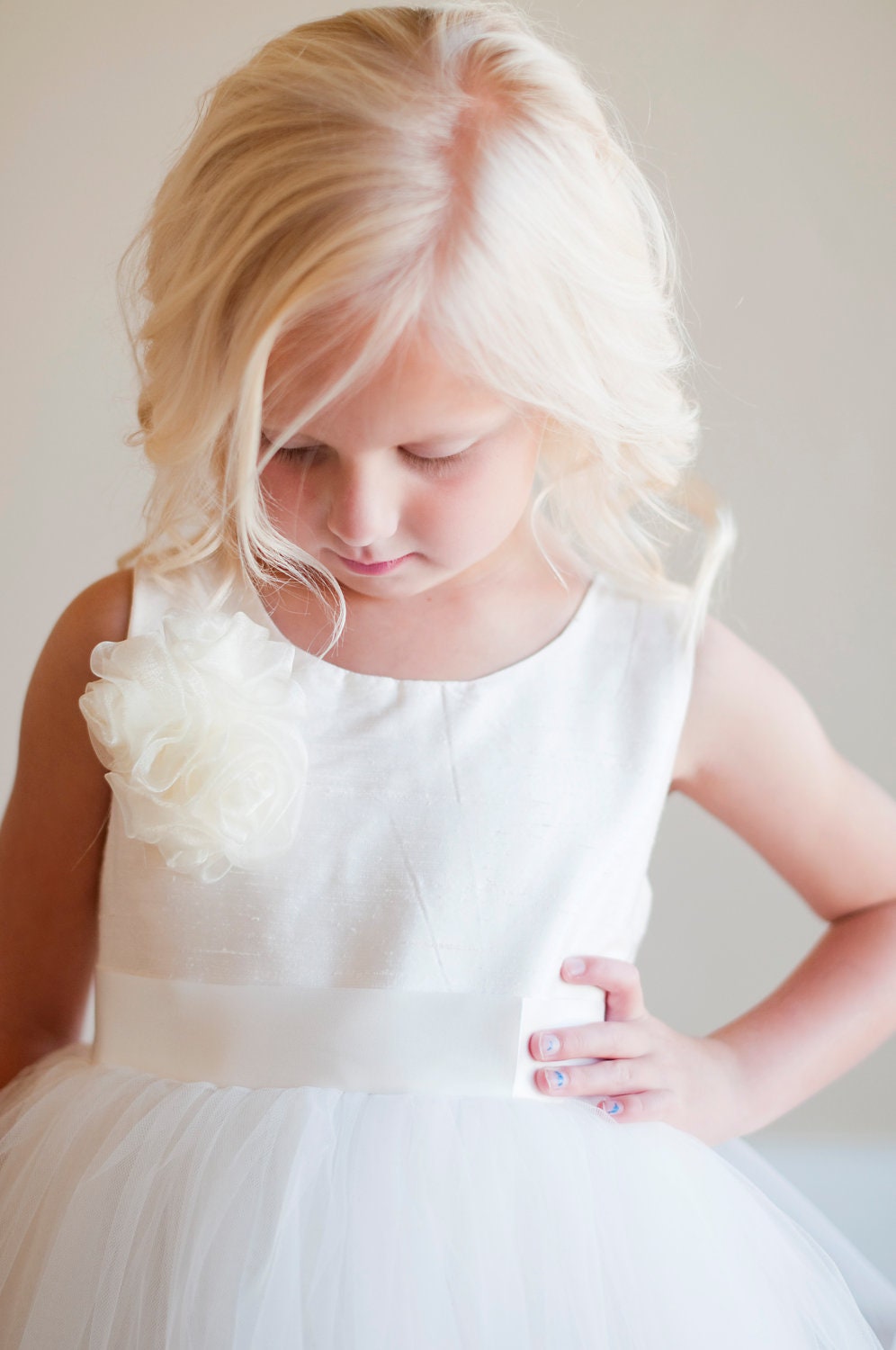 The Peony Silk Dress:  White flower girl dress, Silk flower girl dress, 6 layer soft tulle skirt and flower detail. Tulle flower girl dress