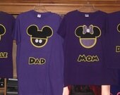 Purple LSU colors Minnie Mickey Mouse - Disney Birthday Family Custom T-Shirt Personalized Applique Head
