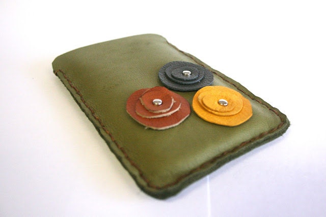 Hand Stitched Leather iPhone Case, Green with Flowers, by The Orange Windmill