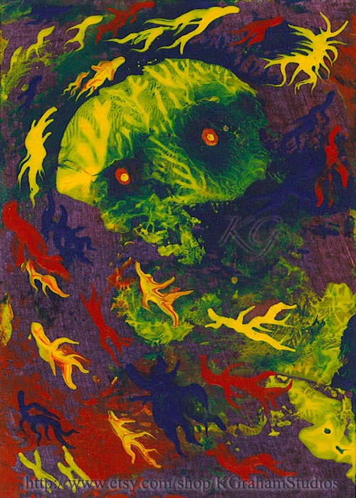 Eerie Green Skull Fire Elementals Red Glowing Eyes Abstract Blue Purple Altered Art 8x10 Print of an Original Halloween Painting by K Graham