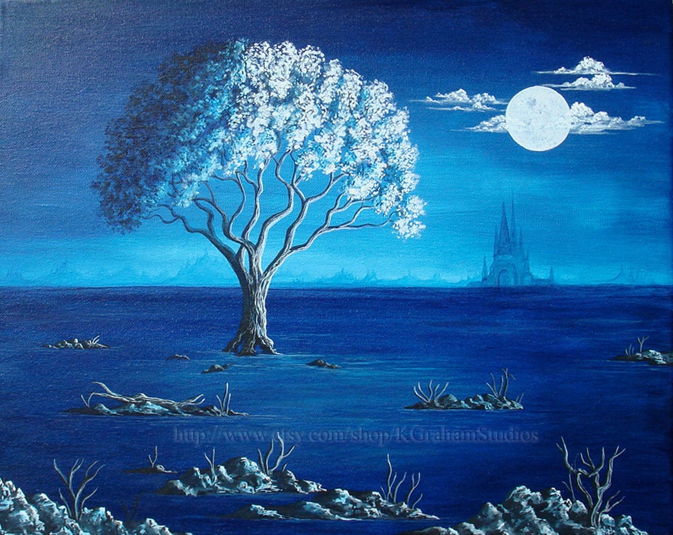 16x20 Original Landscape Art Painting "BLUE WATER TREE"  by K Graham Blue Sky White Tree Full Moon Misty Castle Seascape
