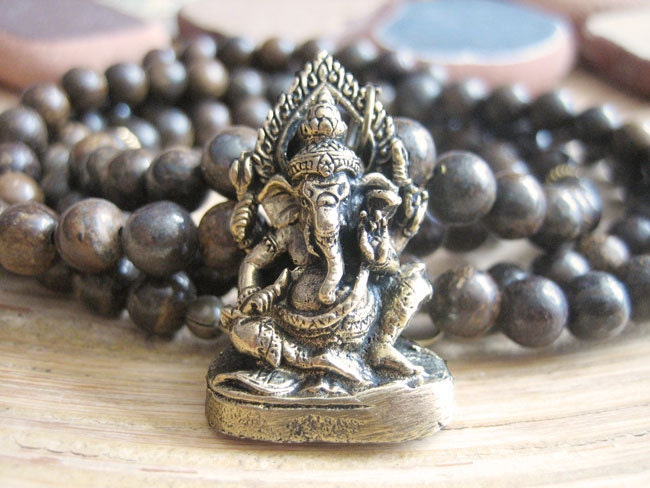 Ganesh Necklace - Mala Bead Yoga Necklace Bronzite with Brass Ganesha Pendant, Gold Plated Beads, 30" Unisex Mens Womens