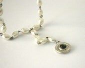 Long Pearl Necklace Evil Eye Y Necklace White Pearls and Silver Turkish Evil Eye Silver