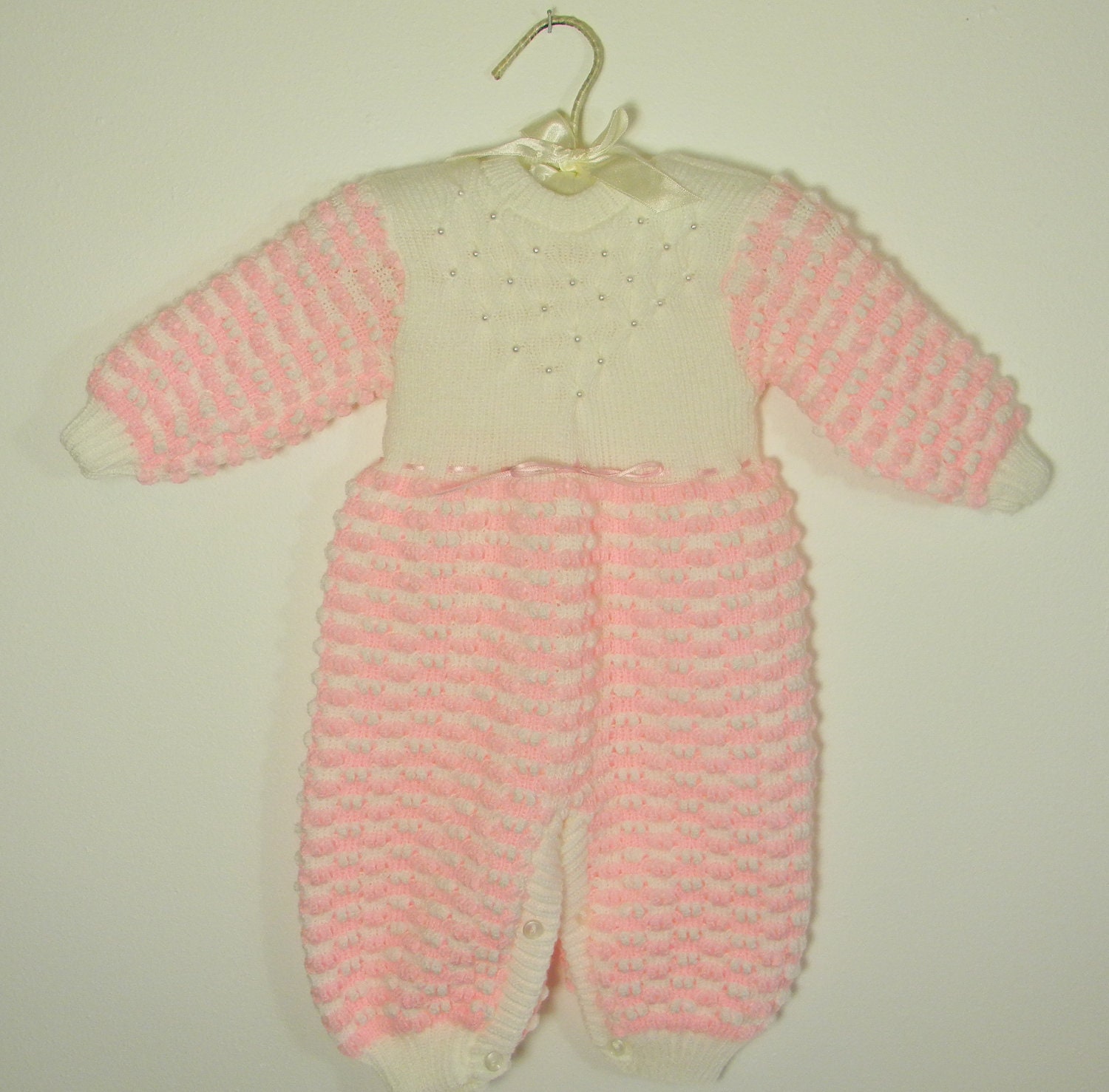 Handmade Knitted Pink and White Onsie with Pearl. 0-3 Months.NEVER WORN