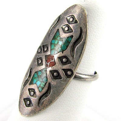 Vintage Native American Indian T. BILLIE Navajo Stamped Sterling Turquoise Coral Chip Inlay Ring, Size 5.5
