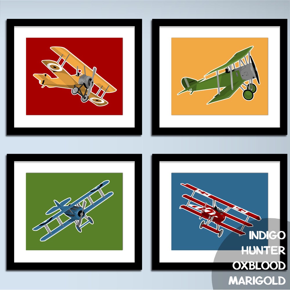 Boys airplane nursery art - WWI aircraft, set of four - vintage airplanes