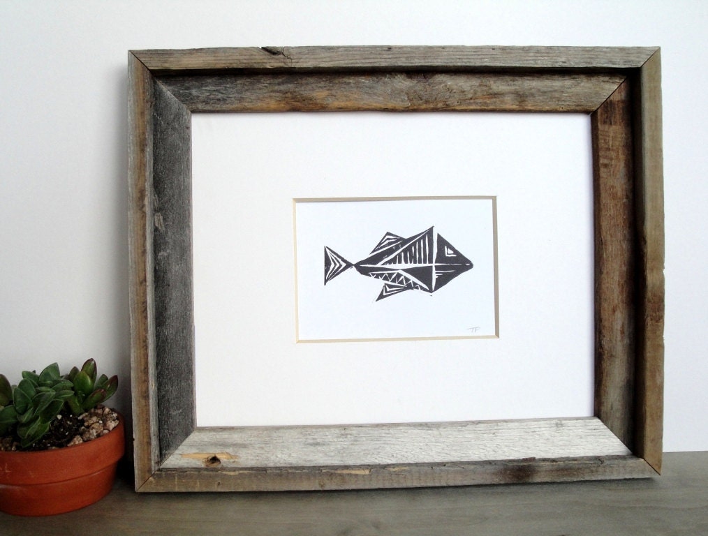 SALE Abstract Tribal Fish Nautical Art Block Print 4 x 6 Home Decor / Black, Mint Green, Gold, Navy / Hand Pulled Linocut
