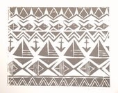 Abstract Geometric Nautical Boats, Anchors, Fish Block Print 8 x 10 Home Decor / Taupe, Black, Blue, Turquoise / Hand Pulled Linocut / Kids