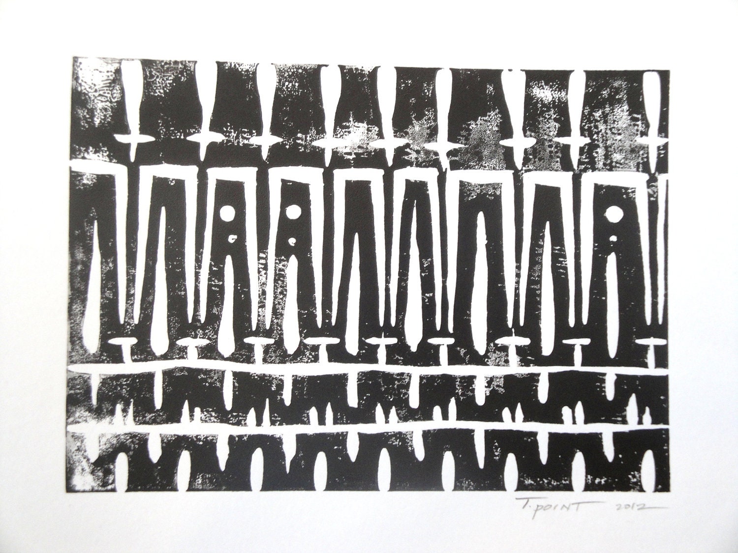 SALE Modern Repeating Abstract Pattern Art Block Print 5 x 7 Home Decor / Black, Silver, Red / Hand Pulled Linocut