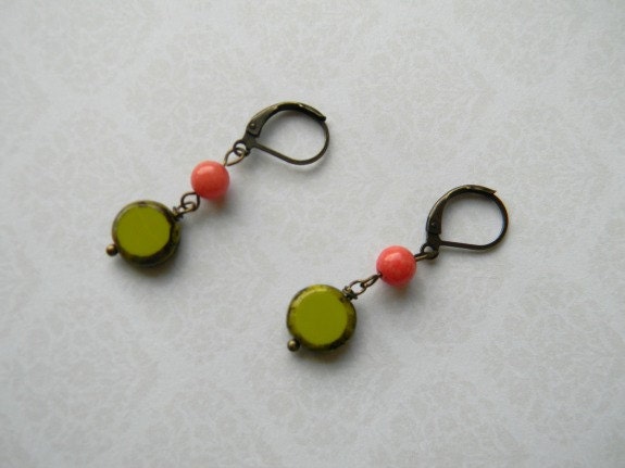 Czech Chartreuse & Jade Coral Dangle Earrings