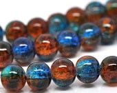 Blue & Brown - Orange Crackle Glass Round Loose Beads 8mm 50pcs- Ships Immediately from California - B223a