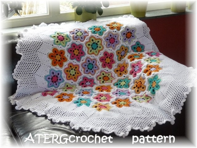 Crochet pattern hexagon flower plaid/afghan by ATERGcrochet