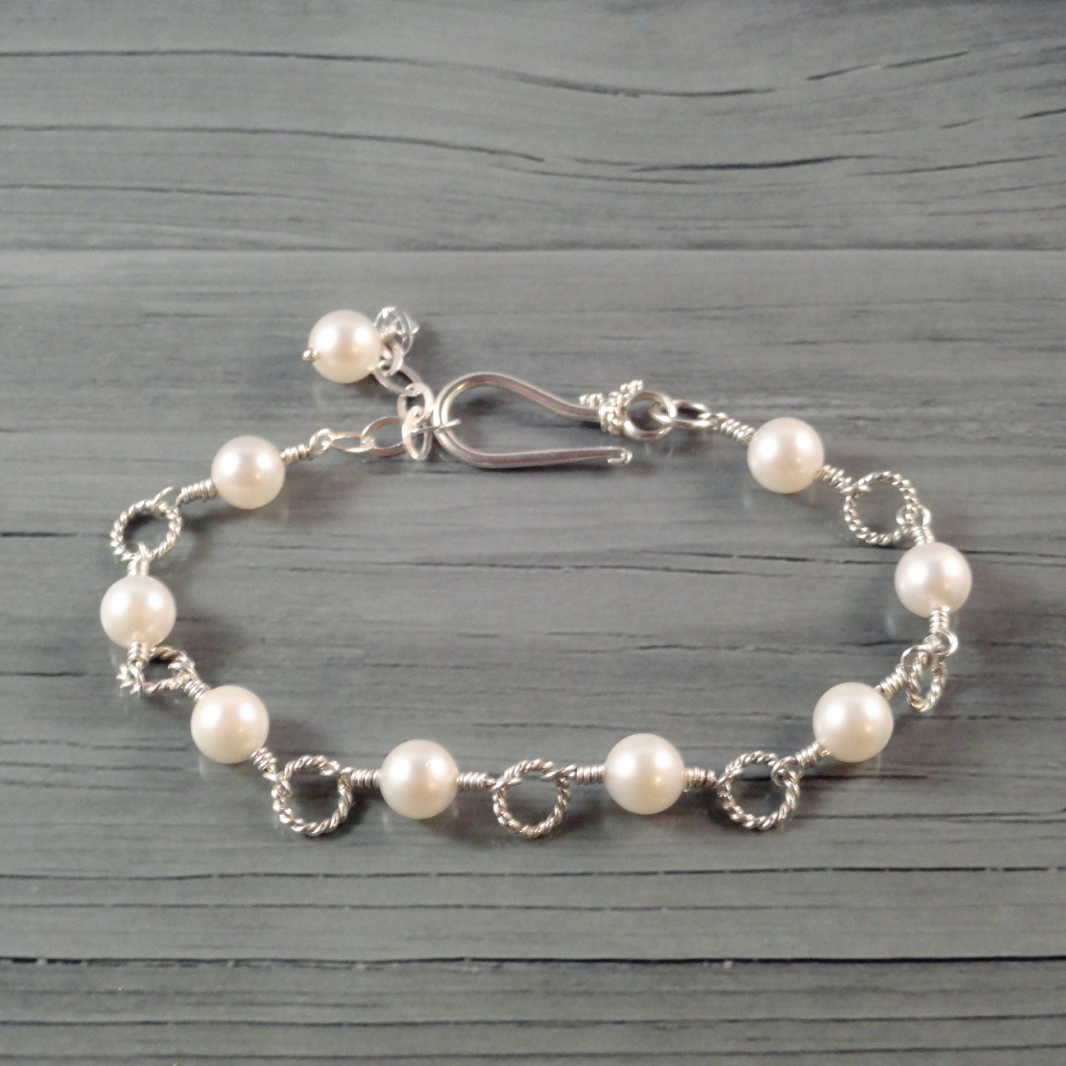 White Akoya Pearl Bracelet, Sterling Silver Link Bracelet Wire Wrapped, Bridal Jewelry, Bridesmaid Gift