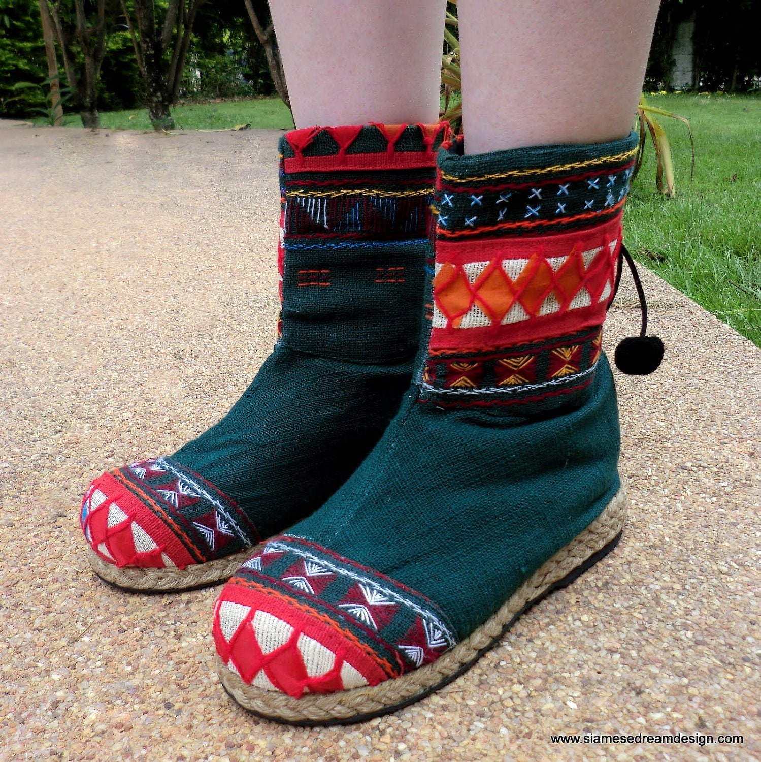 Green Akha Vegan Boot In Colorful Tribal Appliqué, Size 7 - 10