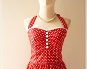 Red Party Dress // Bridesmaid // Tea Party // Wedding Vintage Inspired Halter Neck Dot Dress Once Upon A Time -XS, S, M, L, CUSTOM SIZE -