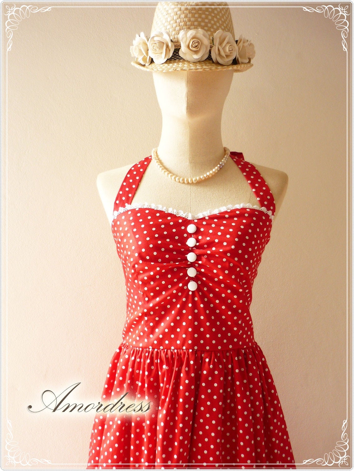 Red Party Dress // Bridesmaid // Tea Party // Wedding Vintage Inspired Halter Neck Dot Dress Once Upon A Time -XS, S, M, L, CUSTOM SIZE -