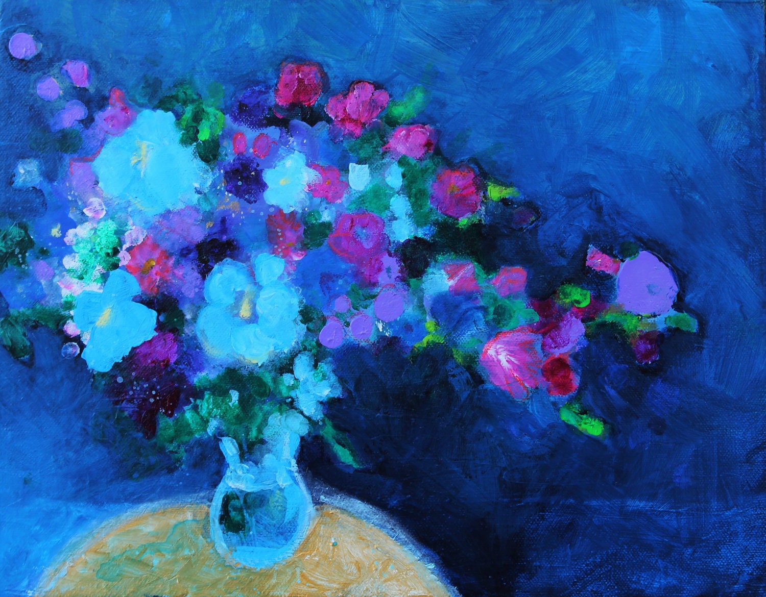 Reserved for Brigitta Abstract Painting Original Floral Still Life Small Canvas "Blue Bouquet"