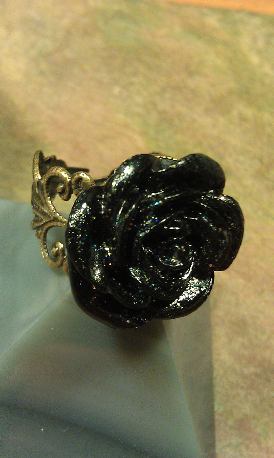 Ring, Victorian , Antiqued brass, Black Rose, adjustable