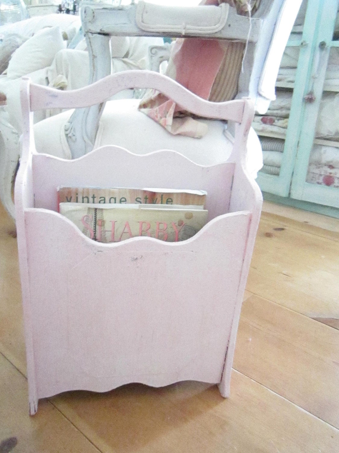 Shabby chic pink magazine holder cottage by Vintagewhitecottage