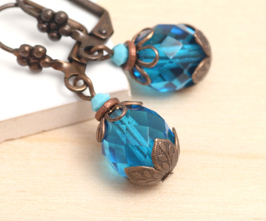 Teal Earrings, Turquoise Glass Earrings, Aqua Dangle Earrings, Teal Bead Earrings, Nickel Free Earrings, Antiqued Brass, Drop Earrings (Nya)