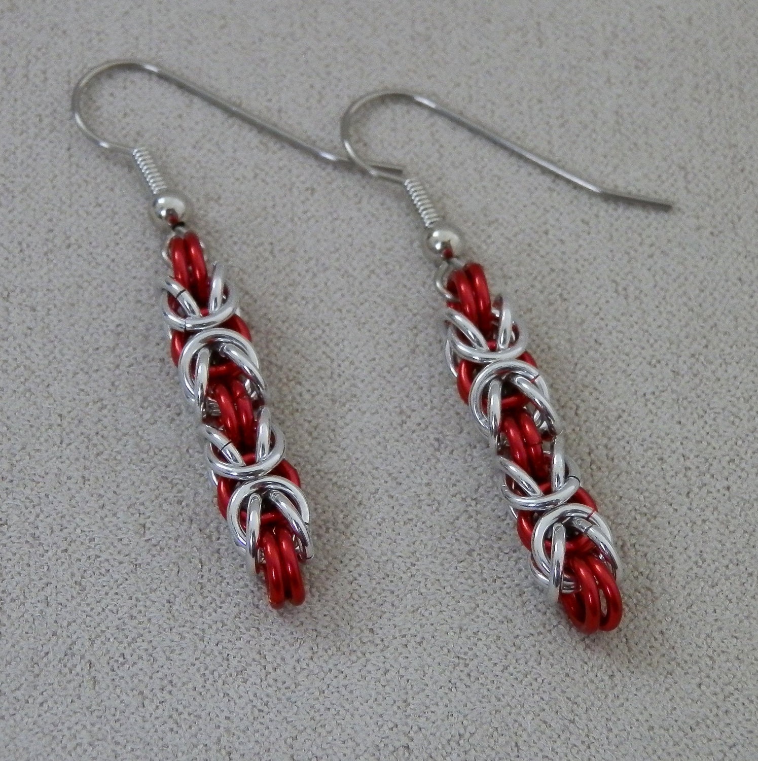 Earrings, Chainmaille, Byzantine Weave in Silver and Red Jump Rings, Handmade by Lace Metal on Etsy