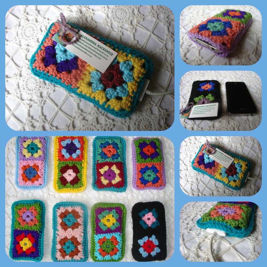 Smartphone cover, granny square crochet, cellphone gadget covers - iphone sleeve, ipod cover, cellphone cosy