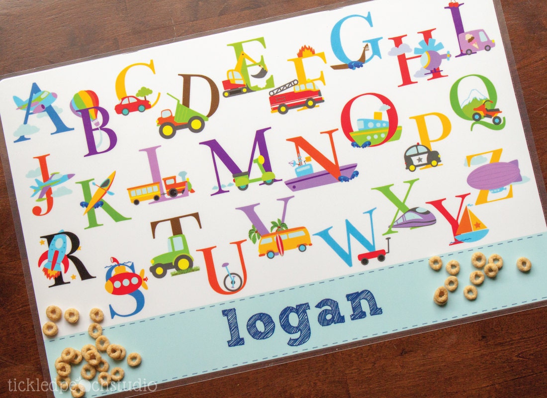 Transportation Alphabet Personalized Placemat for Boy - laminated, double-sided - Custom Kids / Childrens Placemat Il_170x135
